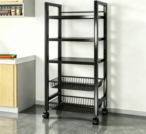 C-Shaped Multi-Tier Rolling Storage Rack – Heavy-Duty Carbon Steel Utility Stand with Mesh Baskets & Lockable Casters
