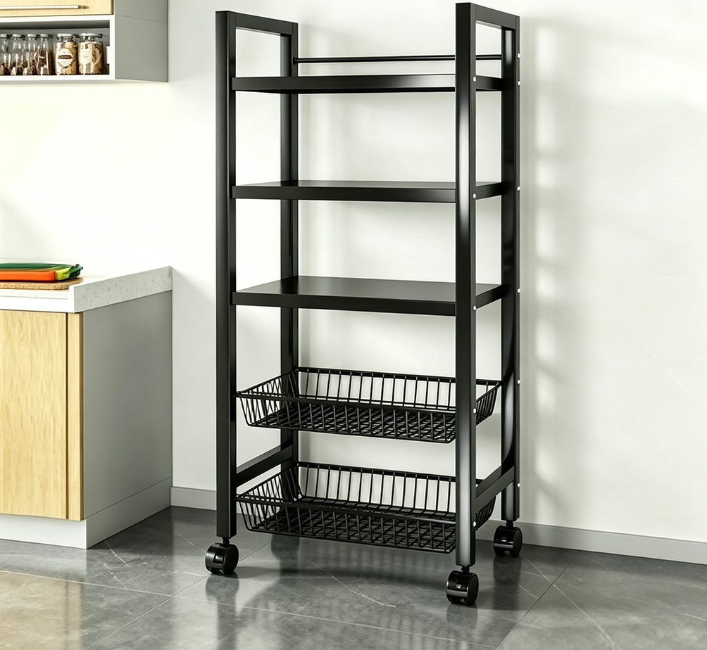 C-Shaped Multi-Tier Rolling Storage Rack – Heavy-Duty Carbon Steel Utility Stand with Mesh Baskets & Lockable Casters