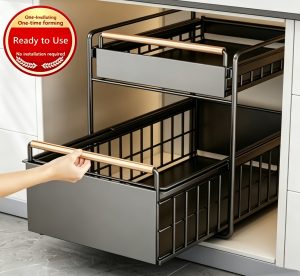 Under-Sink Pull-Out Organizer Rack – 2-Tier Sliding Storage Basket with Wooden Handle, No-Assembly Required
