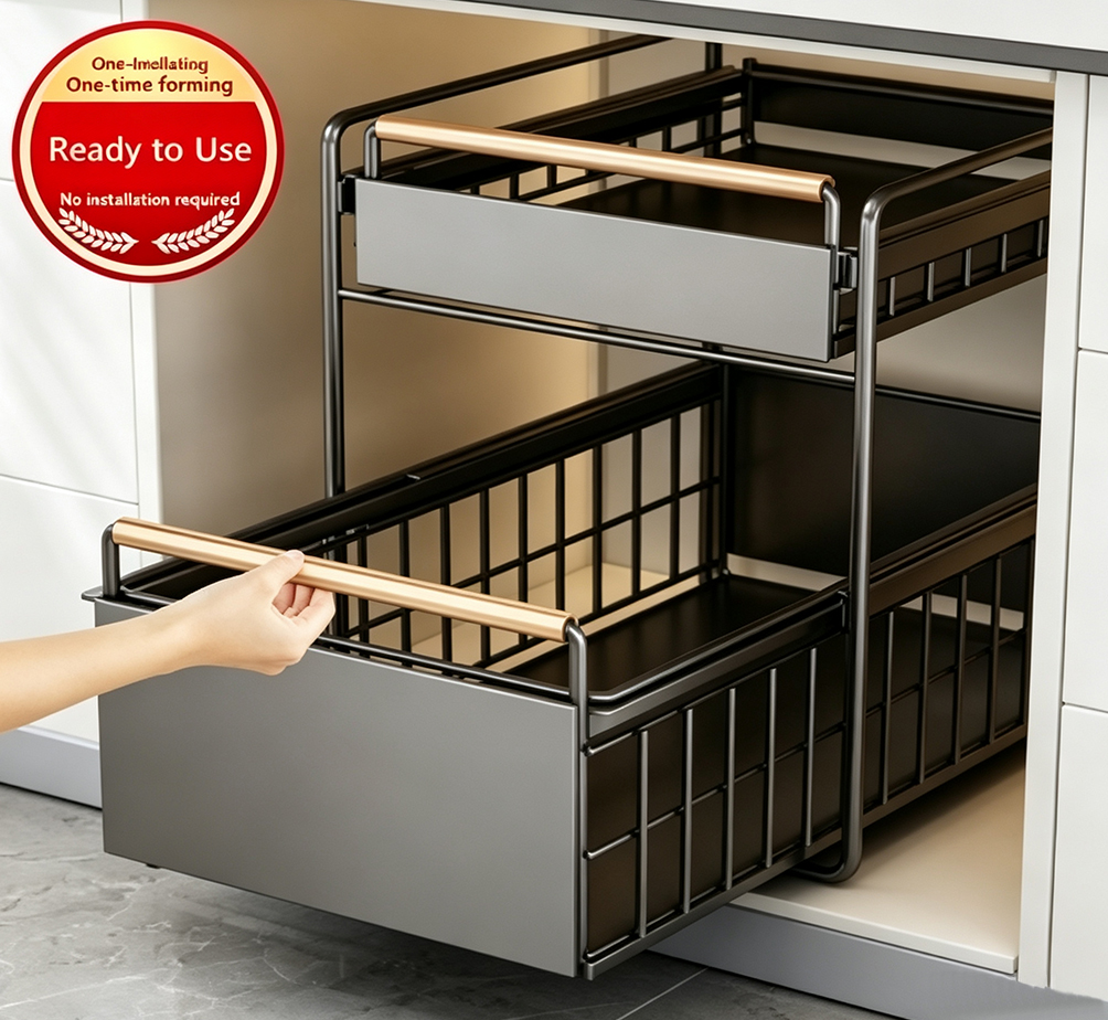 Under-Sink Pull-Out Organizer Rack – 2-Tier Sliding Storage Basket with Wooden Handle, No-Assembly Required