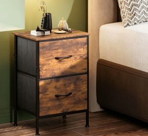 2-Drawer Storage Side Table with Steel Frame – Compact Nightstand Organizer with Fabric Liners & Wood-Grain Top for Bedroom & Living Room