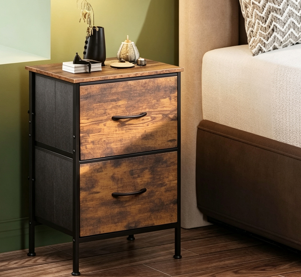 2-Drawer Storage Side Table with Steel Frame – Compact Nightstand Organizer with Fabric Liners & Wood-Grain Top for Bedroom & Living Room
