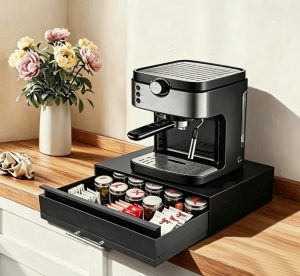 Double-Layer Carbon Steel Microwave Stand with Pull-Out Drawer & Sliding Tray