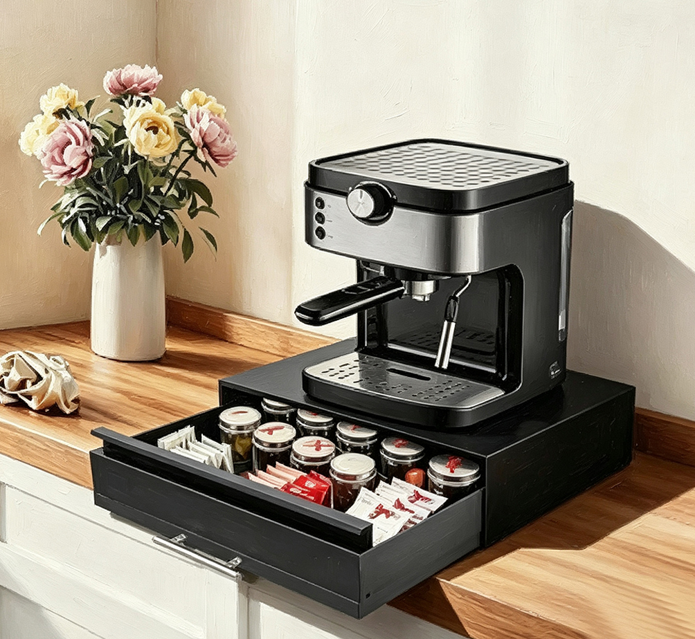 Double-Layer Carbon Steel Microwave Stand with Pull-Out Drawer & Sliding Tray