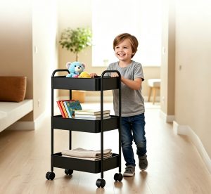 Multi-Tier Rolling Utility Cart with Deep Mesh Baskets & Lockable Casters – Heavy-Duty Storage Organizer for Kitchen, Office & Laundry