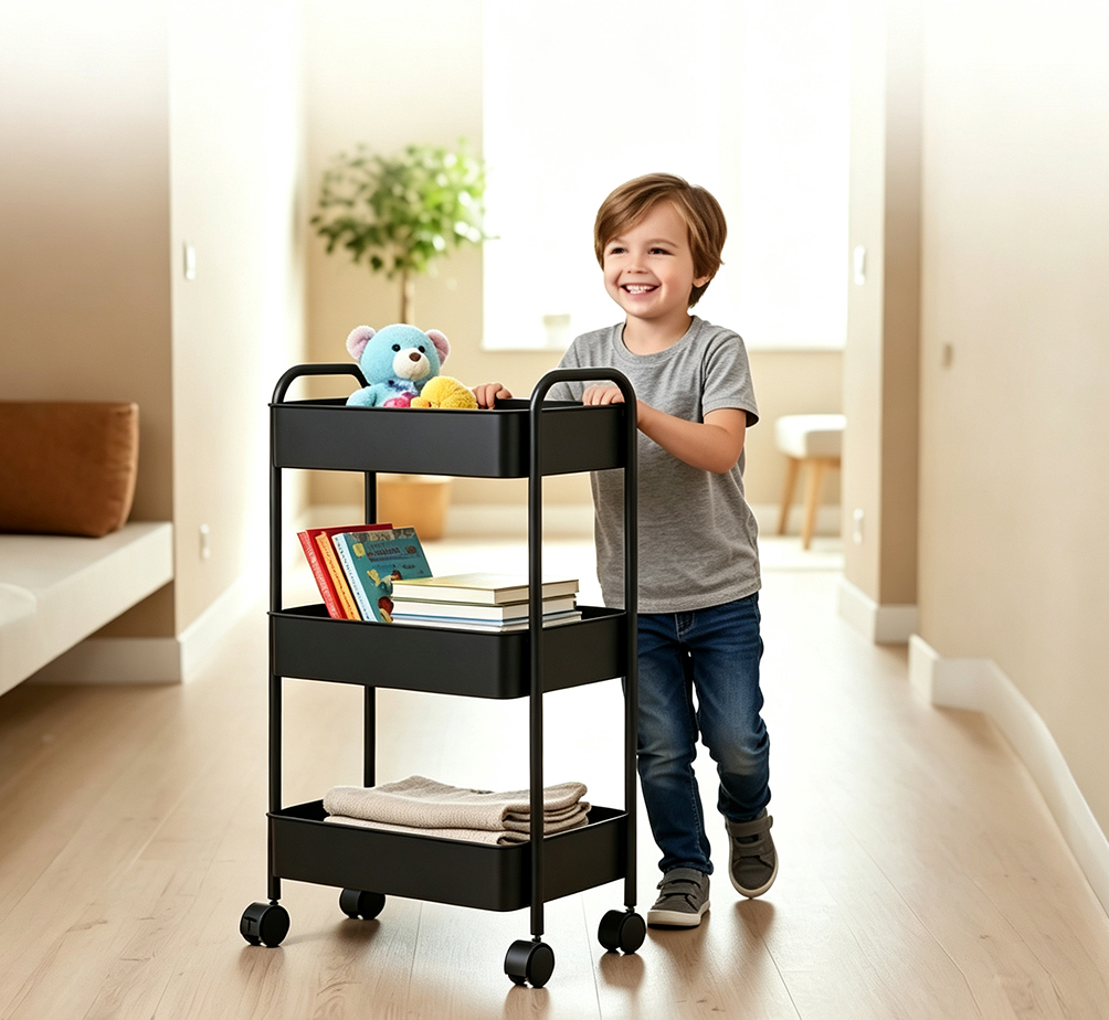 Multi-Tier Rolling Utility Cart with Deep Mesh Baskets & Lockable Casters – Heavy-Duty Storage Organizer for Kitchen, Office & Laundry