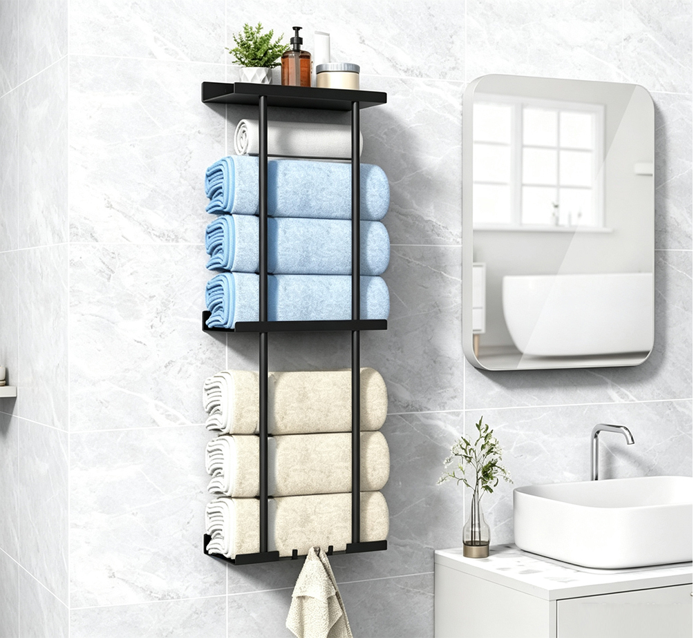 2-Tier Wall-Mounted Towel Rack with Top Shelf – Space-Saving Bathroom Organizer with Rust-Proof Coating