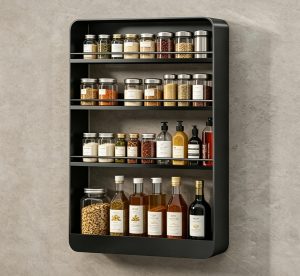 No-Drill Wall-Mounted Spice Rack with Safety Rails – 2/3/4-Tier Carbon Steel Kitchen Organizer for Jars & Bottles