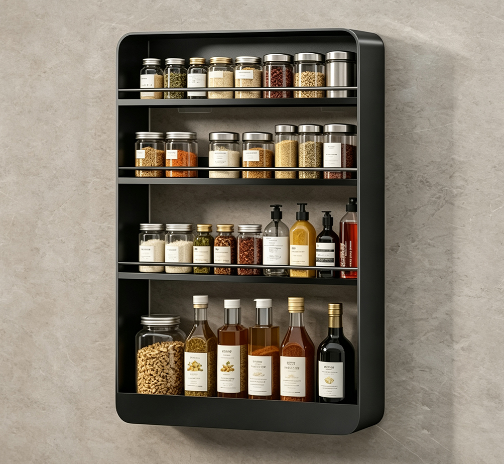No-Drill Wall-Mounted Spice Rack with Safety Rails – 2/3/4-Tier Carbon Steel Kitchen Organizer for Jars & Bottles