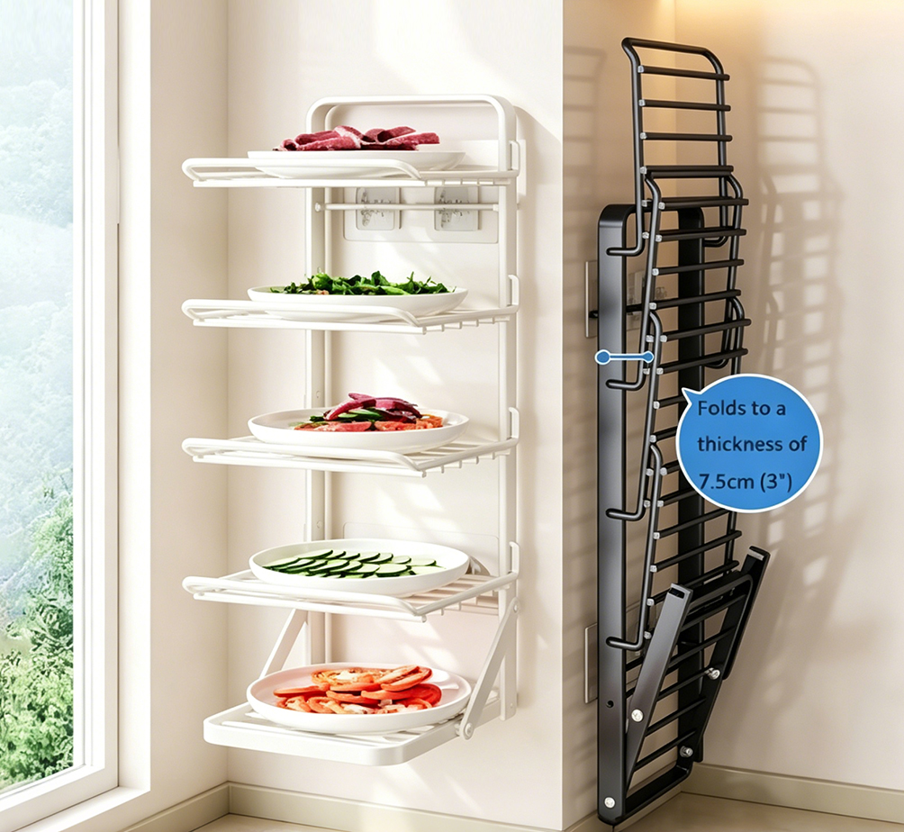 Foldable Wall-Mounted & Countertop Kitchen Rack with Large Shelf Spacing – 2-Tier Rust-Proof Dish Drying & Prep Stand