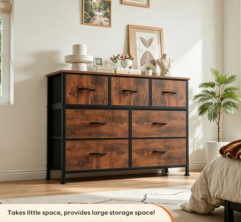 7-Drawer Storage Tower with Steel Frame & Wood-Grain Top – Large Capacity Organizer Unit for Bedroom, Living Room & Nursery