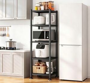 Adjustable Multi-Tier Kitchen Shelving Unit – 3/4/5-Tier Carbon Steel Storage Rack with Lockable Casters