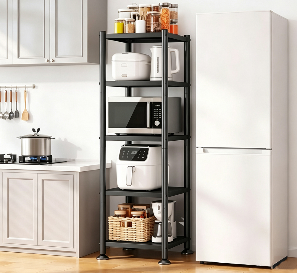 Adjustable Multi-Tier Kitchen Shelving Unit – 3/4/5-Tier Carbon Steel Storage Rack with Lockable Casters