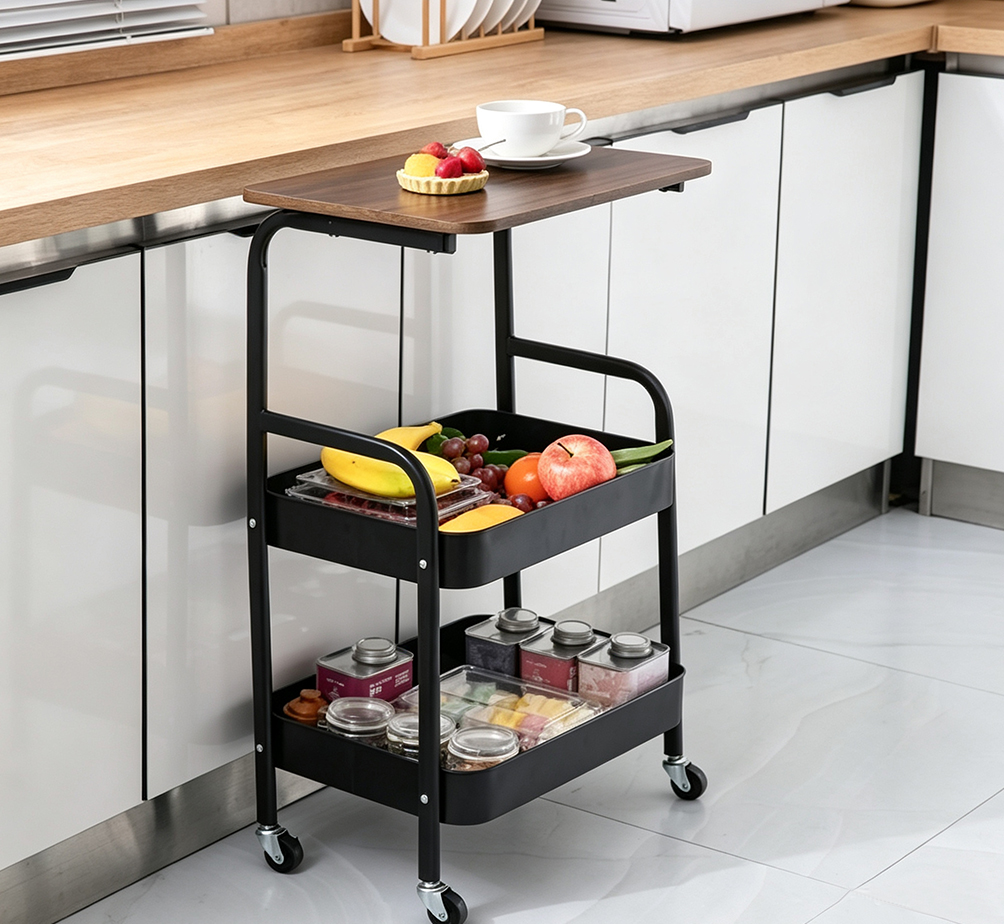 3-Tier Rolling Utility Cart with Wood-Grain Top Shelf – Mobile Storage Rack with Lockable Casters for Kitchen, Living Room & Office