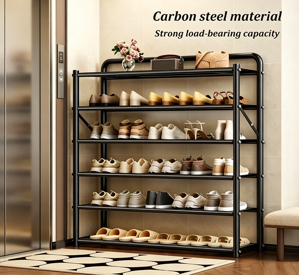 Foldable Shoe Rack – No-Assembly Carbon Steel Storage Shelf with Safety Rails for Entryway & Balcony