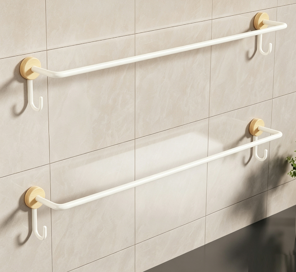 No-Drill Wall-Mounted Towel Rack with Wood Accents – 2-Bar Rust-Proof Bathroom Organizer with Hooks