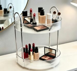 360° Rotating Storage Organizer with Transparent Trays – 2-Tier Carbon Steel & PET Countertop Turntable for Cosmetics, Spices, and Bathroom Essentials