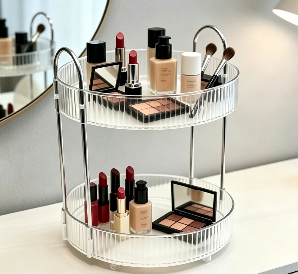 360° Rotating Storage Organizer with Transparent Trays – 2-Tier Carbon Steel & PET Countertop Turntable for Cosmetics, Spices, and Bathroom Essentials