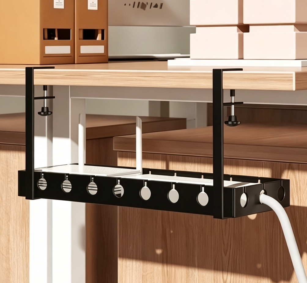 Under-Desk Cable Management Tray – No-Drill Adjustable Cord Organizer for Power Strips, Adapters & Cables