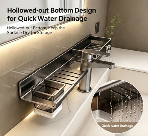 No-Drill Wall-Mounted Sink Shelf with Faucet Cutout – Adjustable Organizer with Detachable Drainage Tray for Bathroom & Vanity