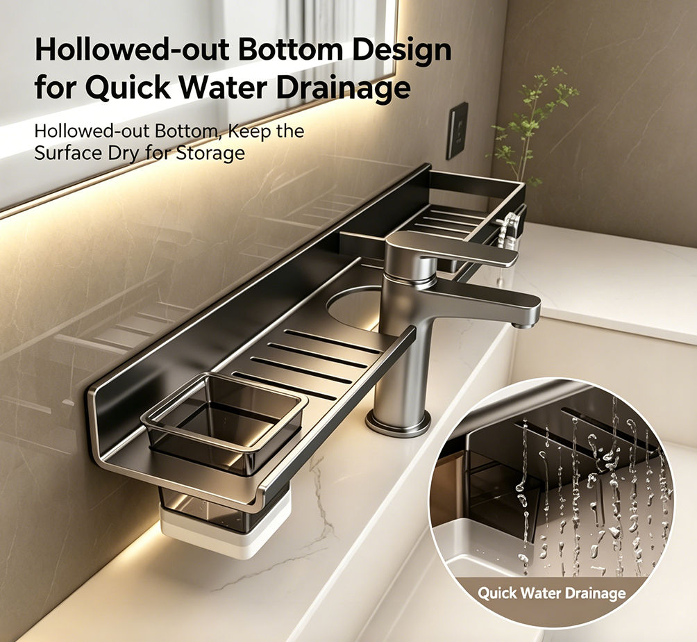 No-Drill Wall-Mounted Sink Shelf with Faucet Cutout – Adjustable Organizer with Detachable Drainage Tray for Bathroom & Vanity