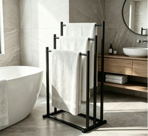 3-Tier Freestanding Towel Rack with Drip Tray & Lockable Casters – Rolling Towel Drying Stand for Bathroom, Balcony & Laundry Room