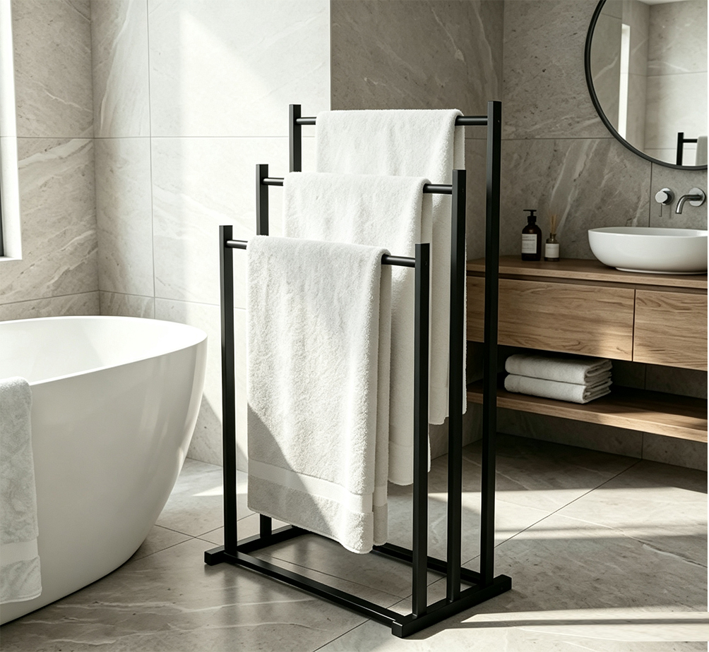 3-Tier Freestanding Towel Rack with Drip Tray & Lockable Casters – Rolling Towel Drying Stand for Bathroom, Balcony & Laundry Room