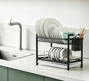 Dish Drying Rack with Removable Drip Tray – 2-Tier & 3-Tier Carbon Steel Kitchen Organizer