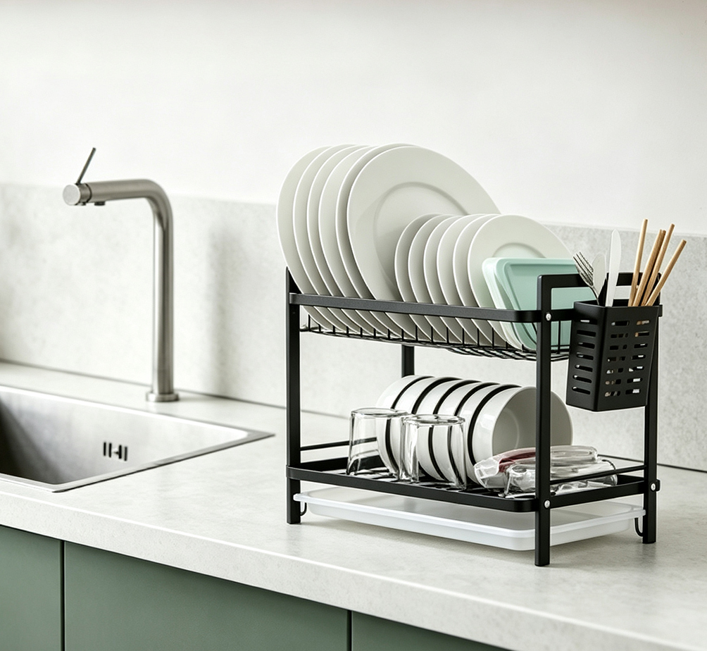 Dish Drying Rack with Removable Drip Tray – 2-Tier & 3-Tier Carbon Steel Kitchen Organizer