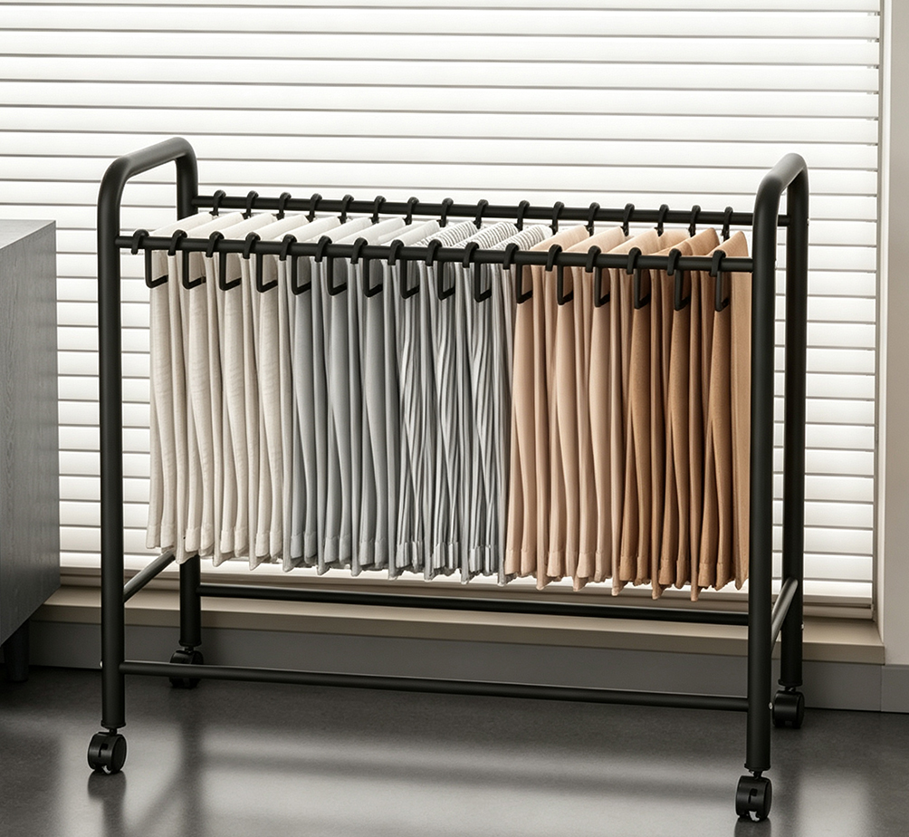 Rolling Pants Rack with Sliding Hooks – Multi-Tier Freestanding Trousers Organizer for Closet & Bedroom