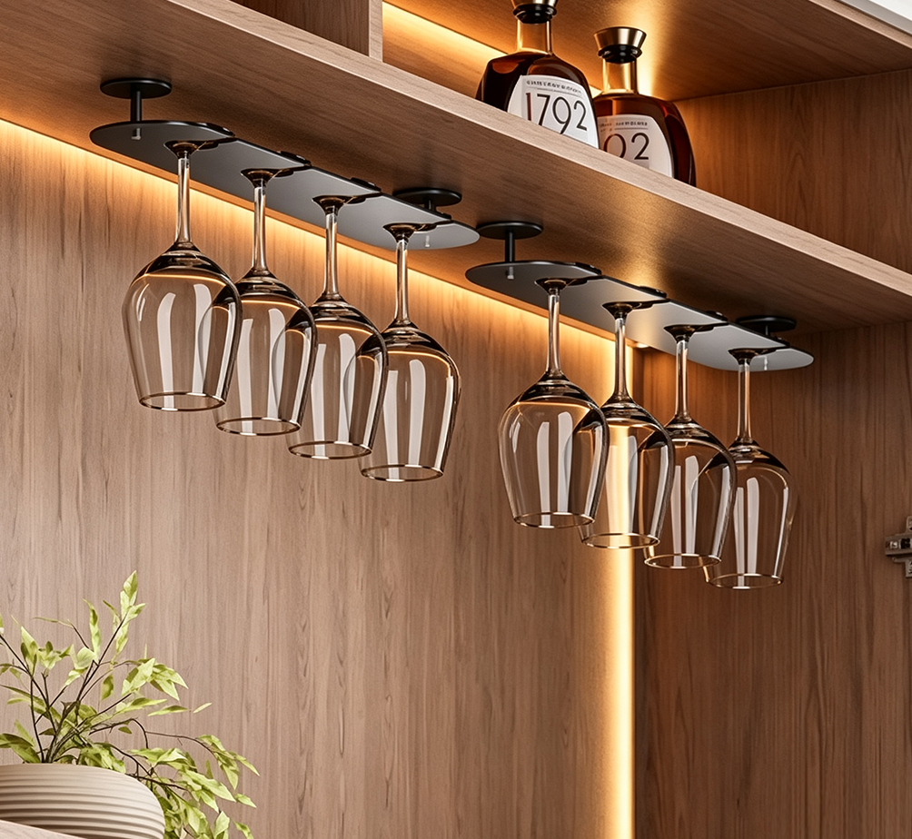 Under-Cabinet Wine Glass Rack – No-Drill Stemware Holder for Wine Glasses, Champagne Flutes & Martini Glasses